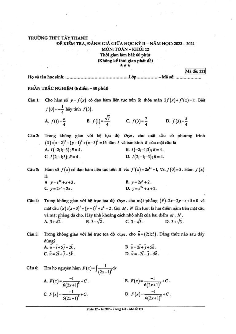 de-kiem-tra-giua-hoc-ky-2-toan-12-nam-hoc-2023-2024-truong-thpt-tay-thanh - Trang 1
