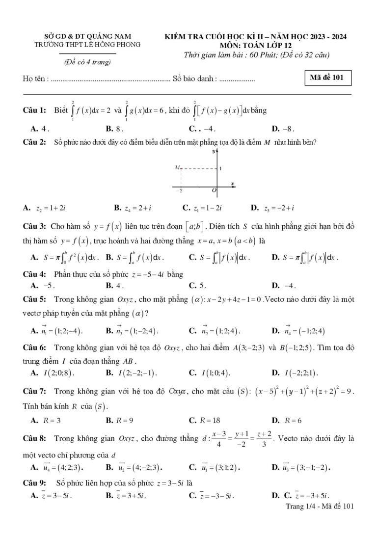 de-kiem-tra-cuoi-hoc-ky-2-toan-12-truong-thpt-le-hong-phong-nam-hoc-2023-2024 - Trang 1