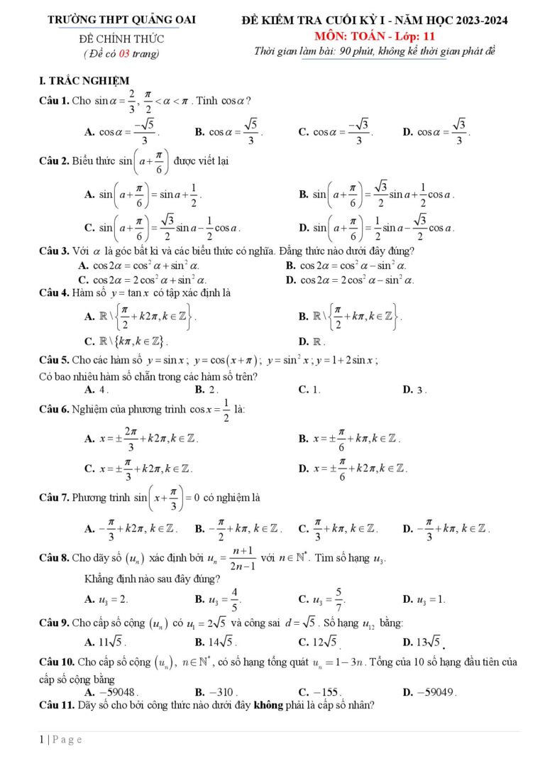 de-kiem-tra-cuoi-hoc-ky-1-toan-11-nam-hoc-2023-2024-truong-thpt-quang-oai - Trang 1