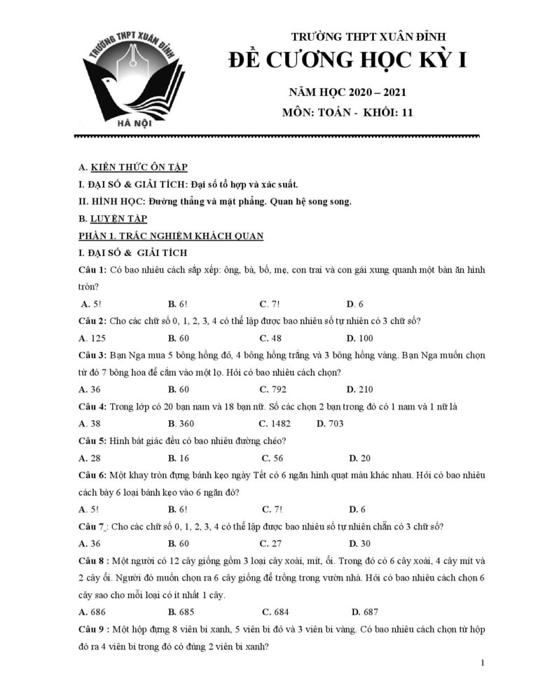 de-cuong-on-tap-hoc-ky-1-toan-11-truong-thpt-xuan-dinh-nam-hoc-2020-2021 - Trang 1