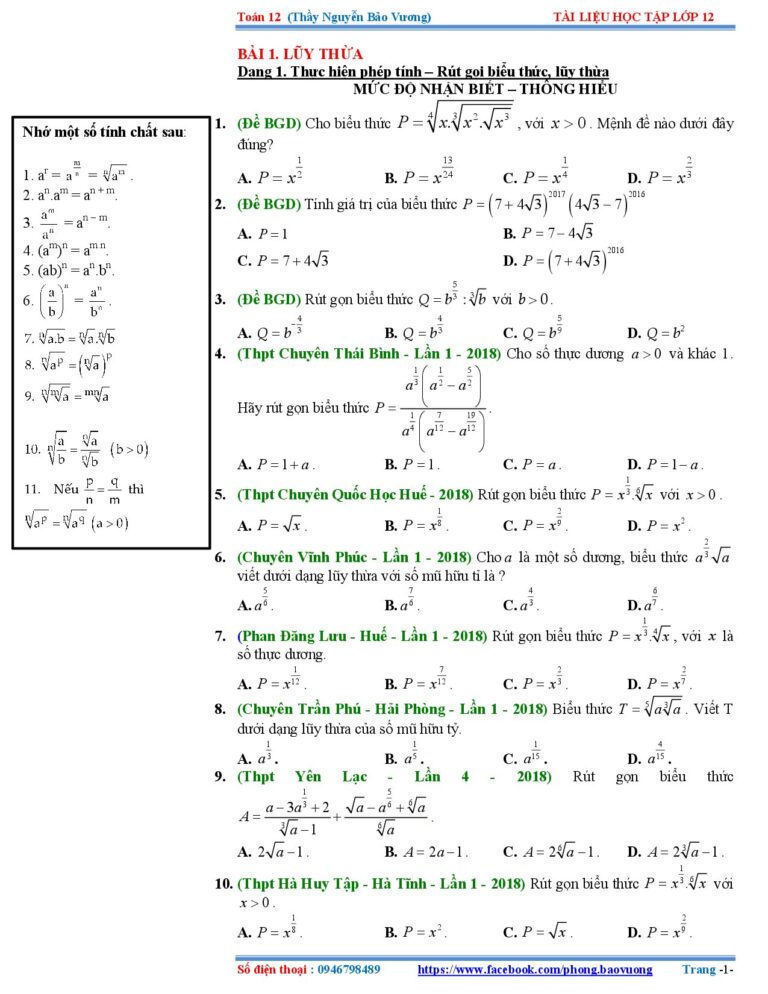 phan-dang-va-bai-tap-trac-nghiem-luy-thua-mu-va-logarit-theo-sgk-giai-tich-12 - Trang 1