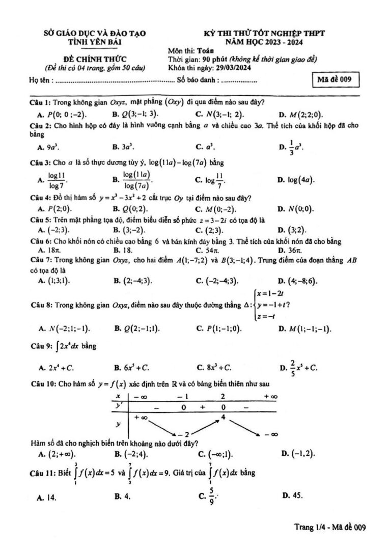 de-thi-thu-tot-nghiep-thpt-2024-mon-toan-so-giao-duc-va-dao-tao-tinh-yen-bai - Trang 1