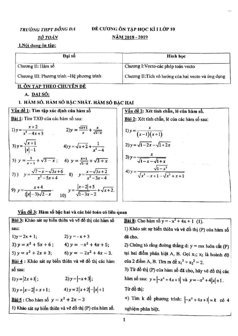 de-cuong-on-tap-hoc-ky-1-mon-toan-lop-10-truong-thpt-dong-da-nam-2018-2019 - Trang 1