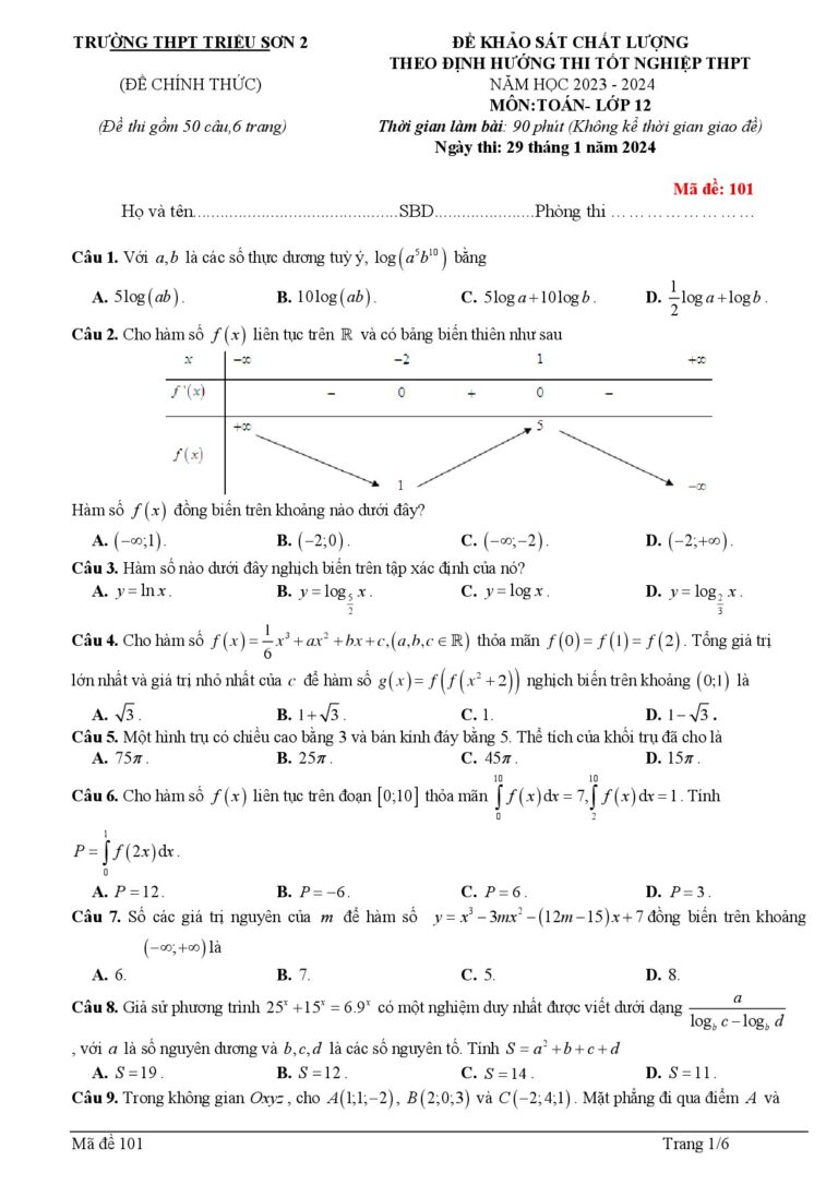 de-khao-sat-toan-lop-12-truong-thpt-trieu-son-2-nam-hoc-2023-2024 - Trang 1