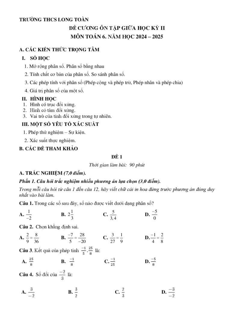 de-cuong-on-tap-giua-hoc-ky-2-mon-toan-lop-6-nam-hoc-2024-2025-truong-thcs-long-toan - Trang 1