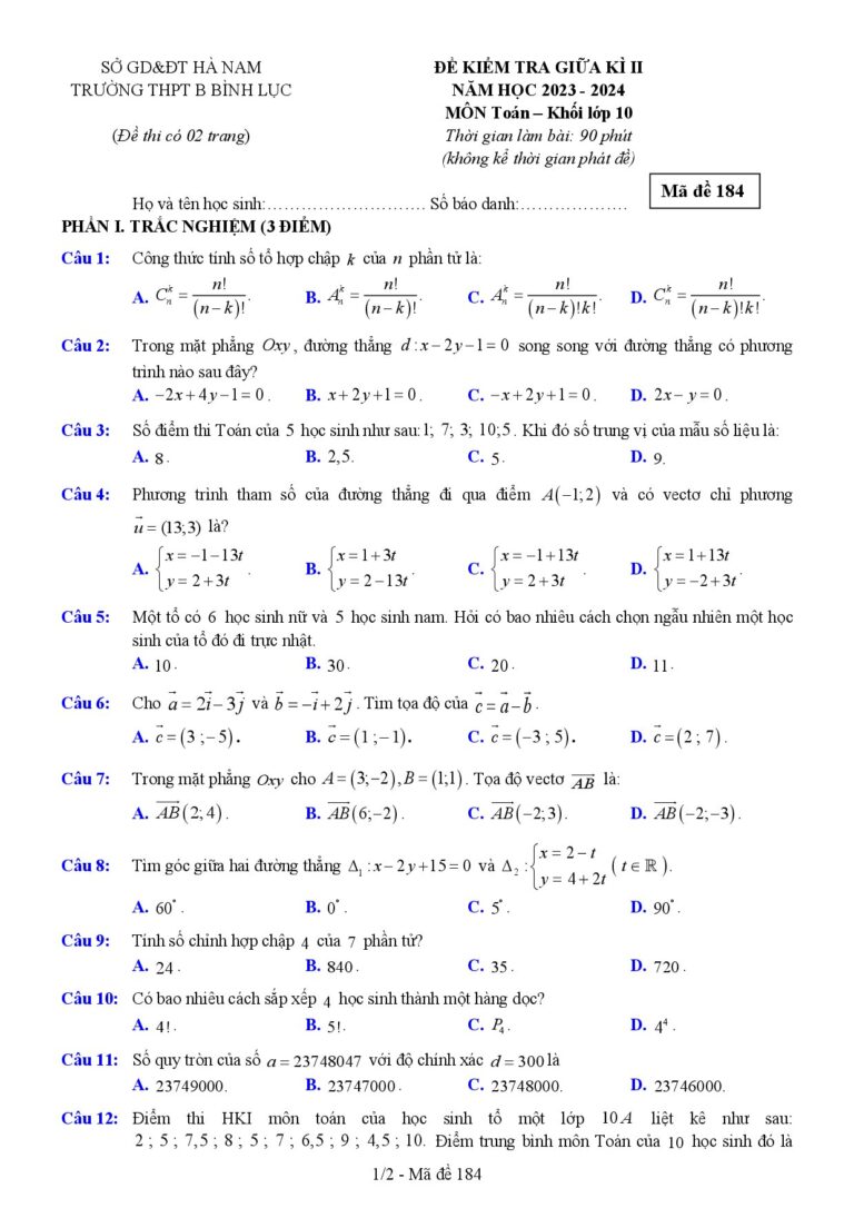 de-kiem-tra-giua-hoc-ky-2-mon-toan-10-truong-thpt-b-binh-luc-nam-hoc-2023-2024 - Trang 1
