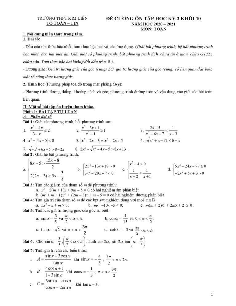 de-cuong-on-tap-hoc-ky-2-toan-lop-10-nam-hoc-2020-2021-truong-thpt-kim-lien - Trang 1