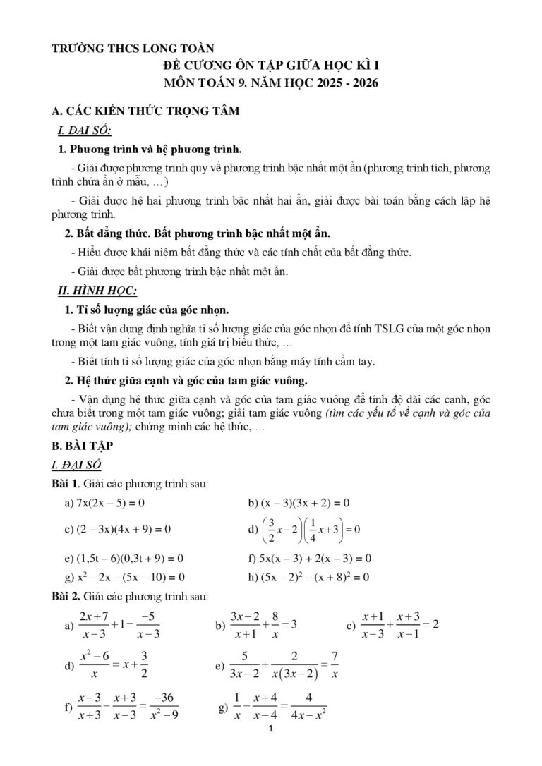 de-cuong-on-tap-giua-hoc-ky-1-mon-toan-lop-9-nam-hoc-2025-2026-truong-thcs-long-toan - Trang 1