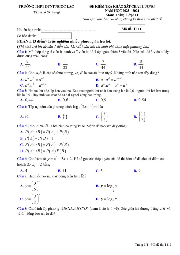 de-kiem-tra-khao-sat-chat-luong-toan-11-nam-hoc-2023-2024-truong-thpt-dtnt-ngoc-lac - Trang 1