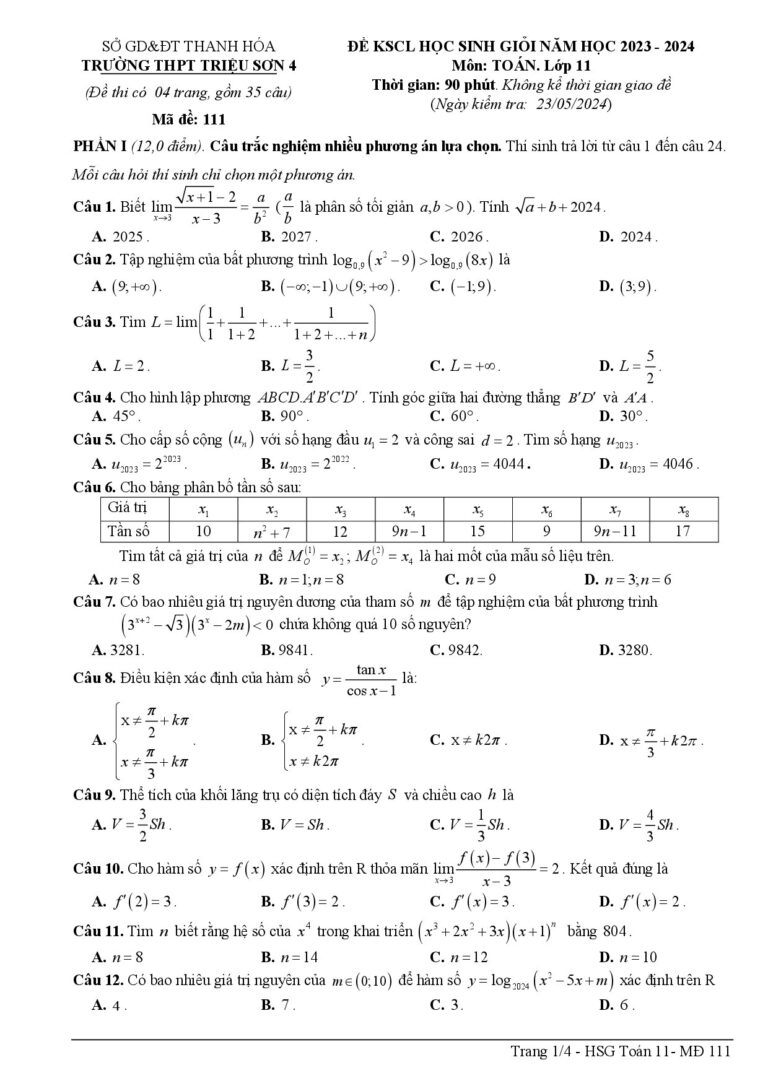 de-khao-sat-hoc-sinh-gioi-mon-toan-lop-11-nam-hoc-2023-2024-truong-thpt-trieu-son-4 - Trang 1