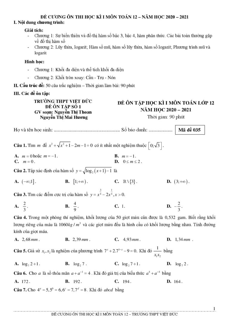 de-cuong-on-thi-hoc-ky-1-toan-12-nam-2020-2021-truong-thpt-viet-duc-ha-noi - Trang 1