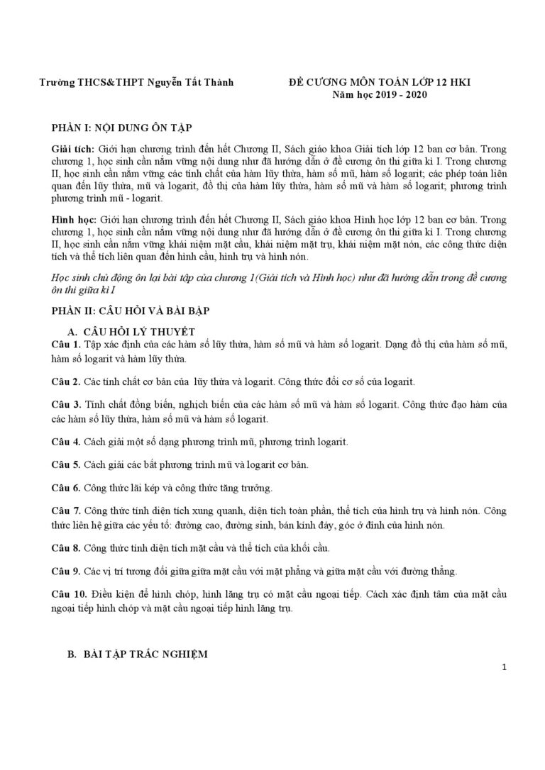 de-cuong-on-tap-toan-12-hoc-ky-1-nam-hoc-2019-2020-truong-thcs-thpt-nguyen-tat-thanh - Trang 1