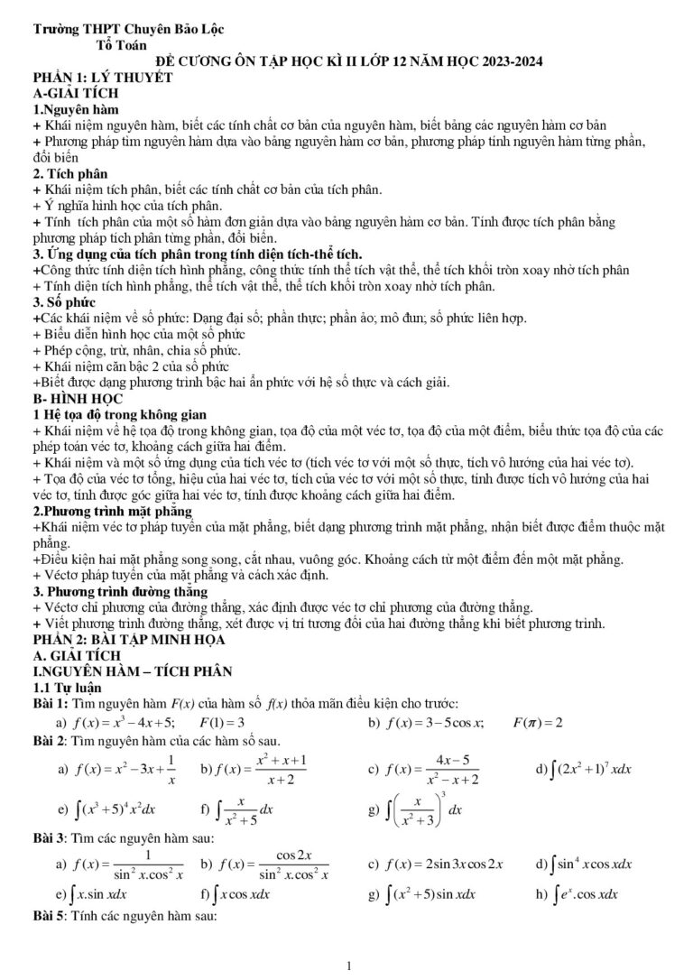 de-cuong-on-tap-mon-toan-12-cuoi-hoc-ky-2-nam-2023-2024-truong-thpt-chuyen-bao-loc - Trang 1