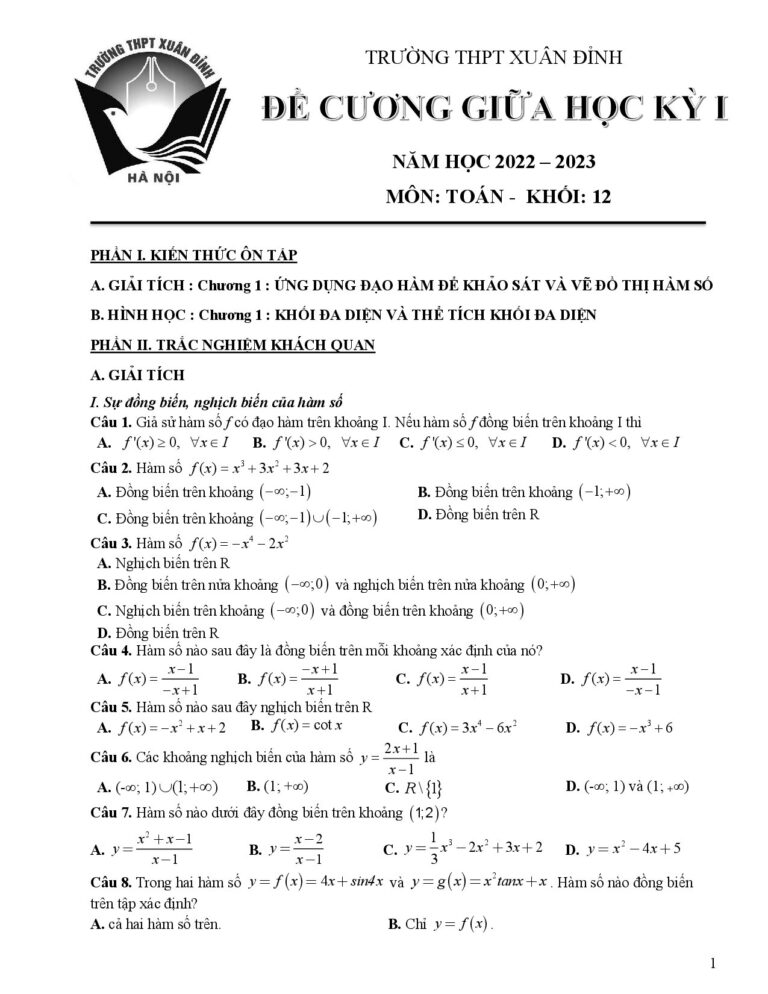 de-cuong-on-tap-giua-hoc-ky-1-mon-toan-12-nam-hoc-2022-2023-truong-thpt-xuan-dinh - Trang 1