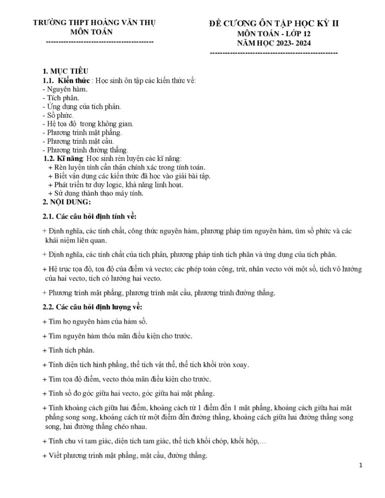 de-cuong-on-tap-hoc-ky-2-mon-toan-lop-12-nam-hoc-2023-2024-truong-thpt-hoang-van-thu - Trang 1
