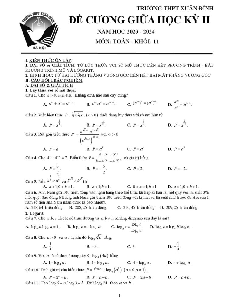 de-cuong-on-tap-giua-hoc-ky-2-toan-11-nam-hoc-2023-2024-truong-thpt-xuan-dinh - Trang 1