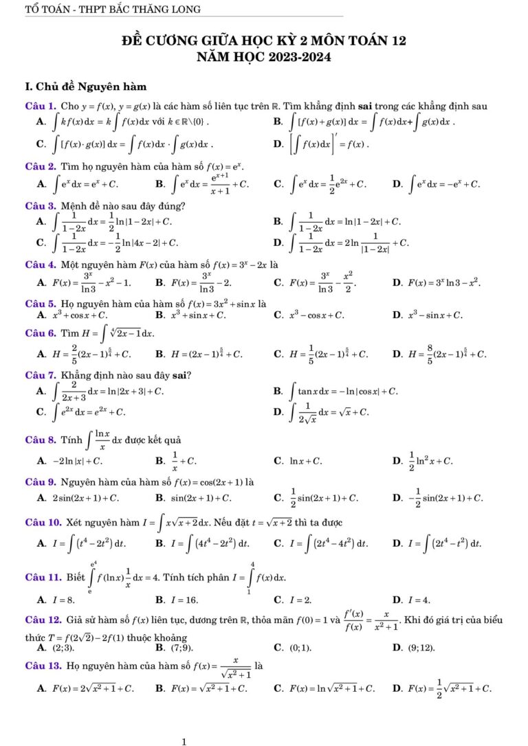 de-cuong-on-tap-giua-hoc-ky-2-toan-12-nam-2023-2024-truong-thpt-bac-thang-long - Trang 1